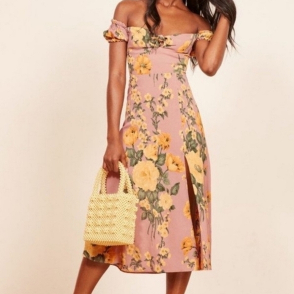 Reformation Dresses & Skirts - Reformation Pink Off-Shoulder Midi Dress with Yellow Floral Print